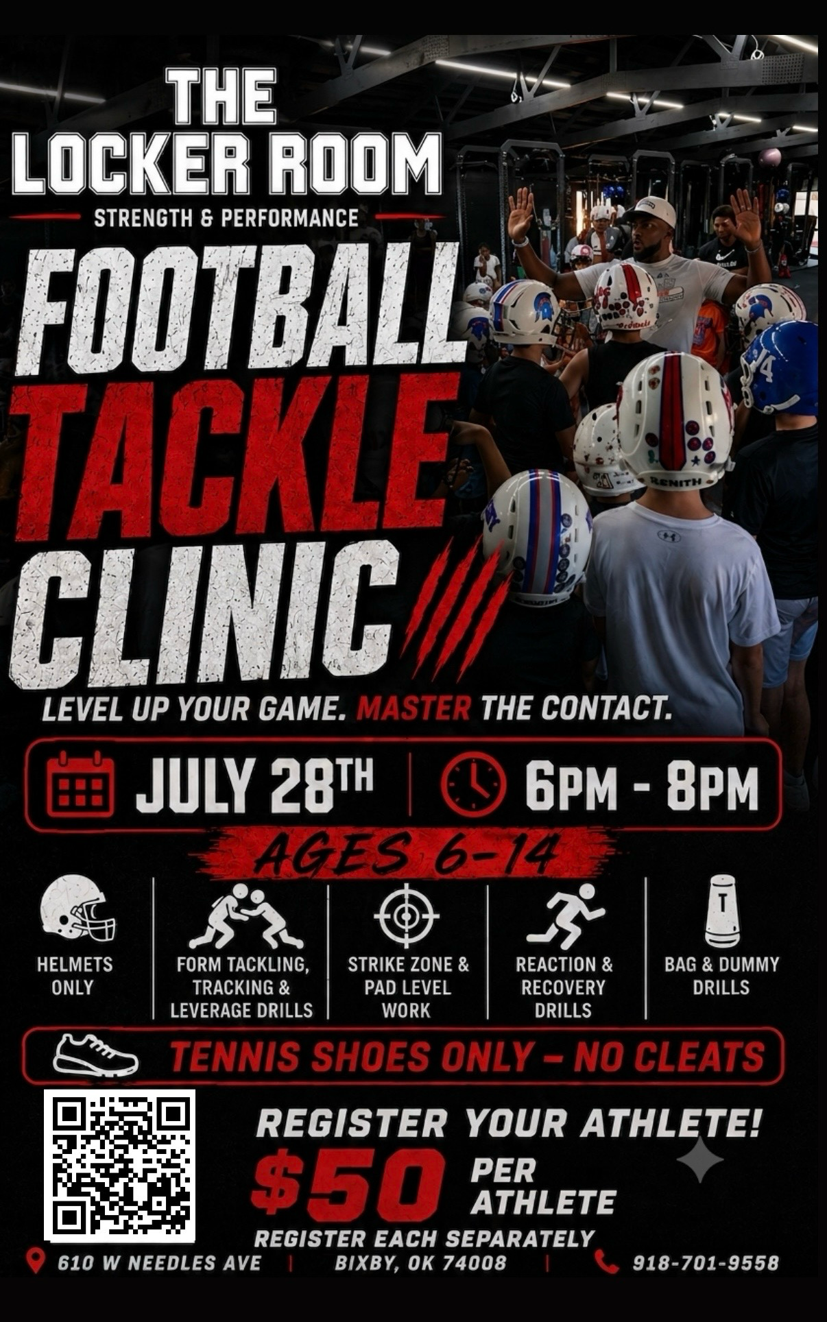 The Locker Room Football Tackle Clinic flyer for July 28 from 6 PM to 8 PM