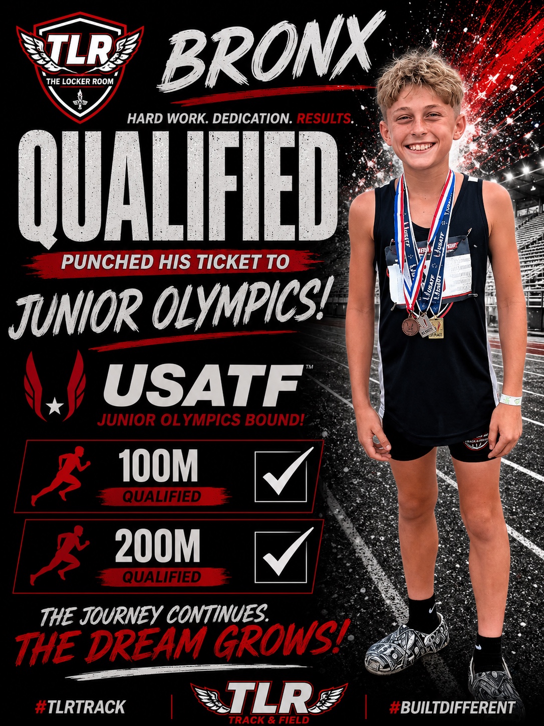 Bronx celebrating Junior Olympics qualification in the 100 meter and 200 meter