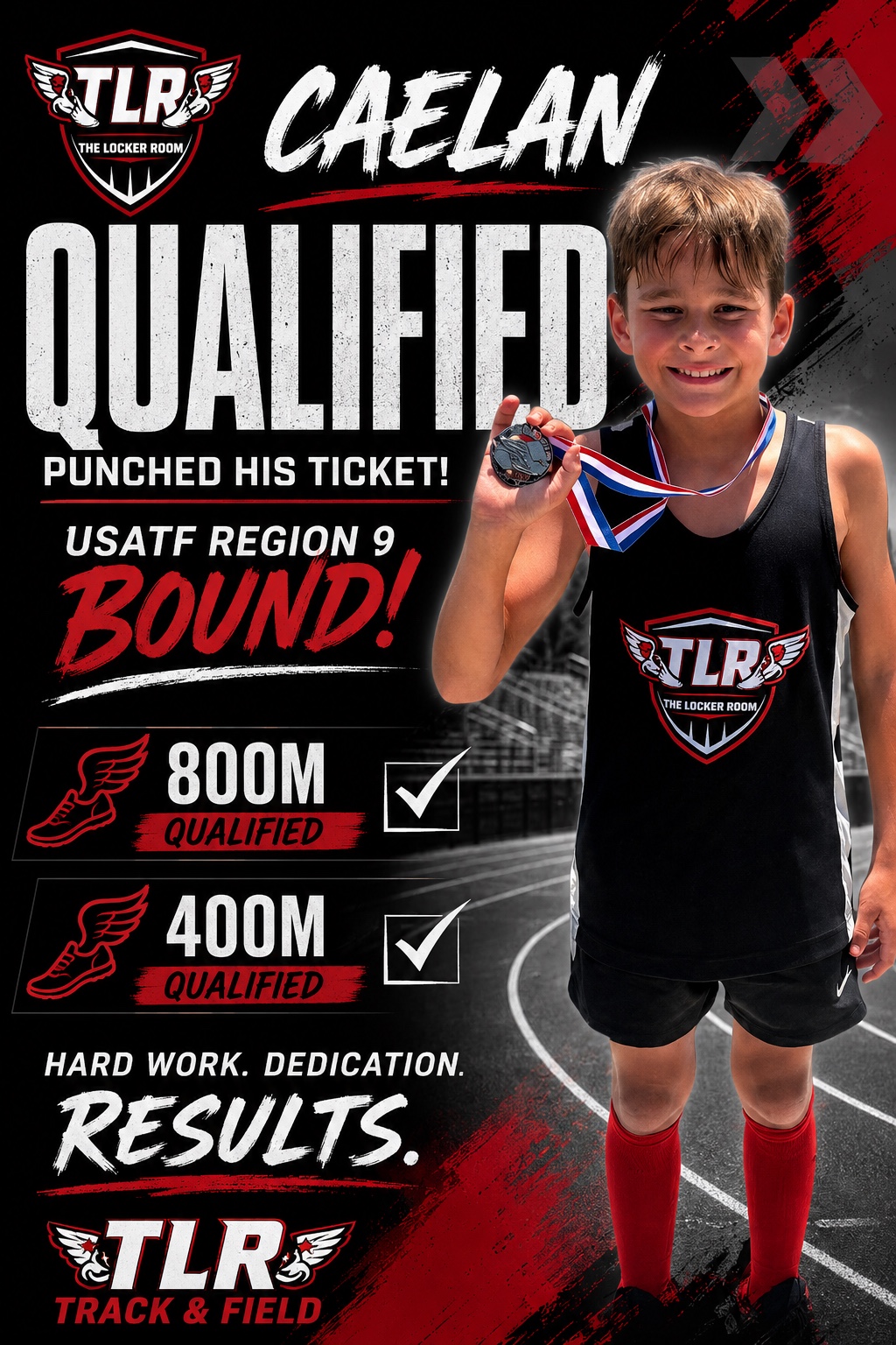 Caelan celebrating qualification in the 800 meter and 400 meter