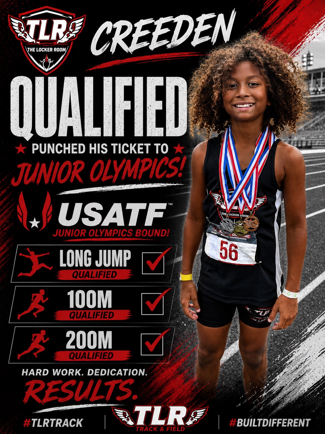 Creeden celebrating Junior Olympics qualification in long jump, 100 meter, and 200 meter