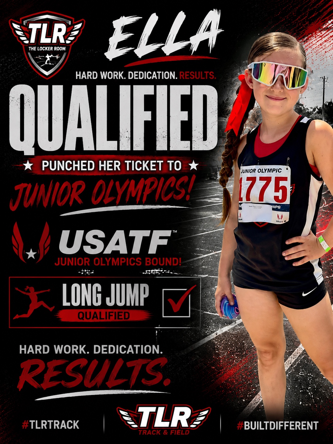 Ella celebrating Junior Olympics qualification in long jump
