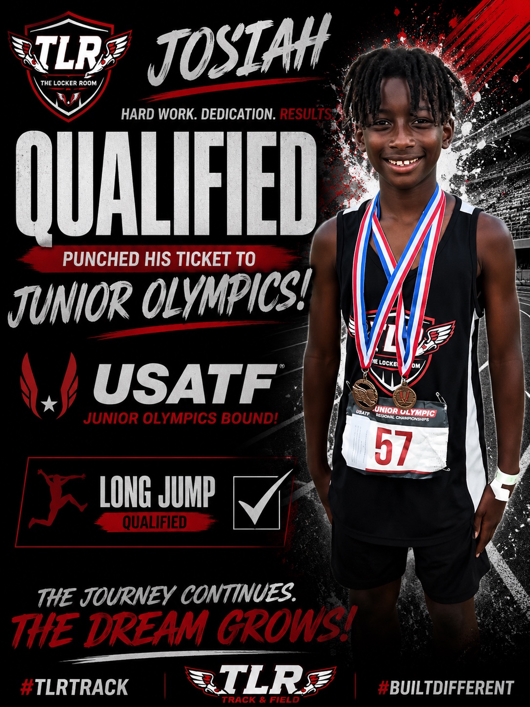 Josiah celebrating Junior Olympics qualification in long jump