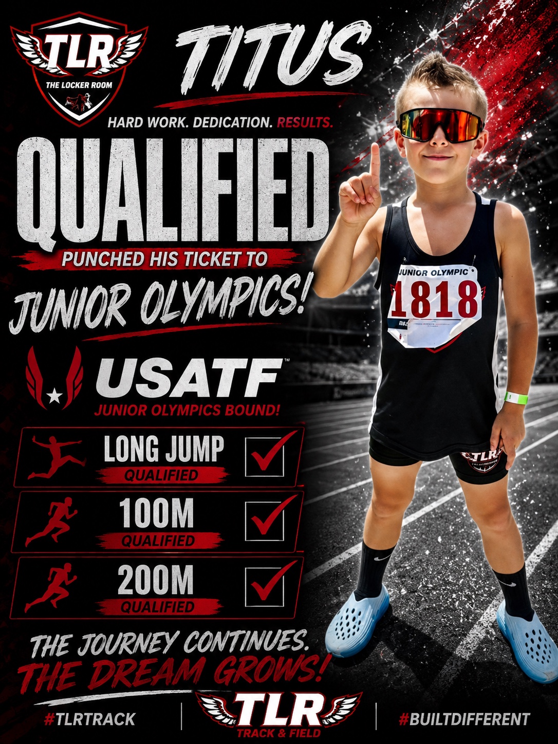 Titus celebrating Junior Olympics qualification in long jump, 100 meter, and 200 meter